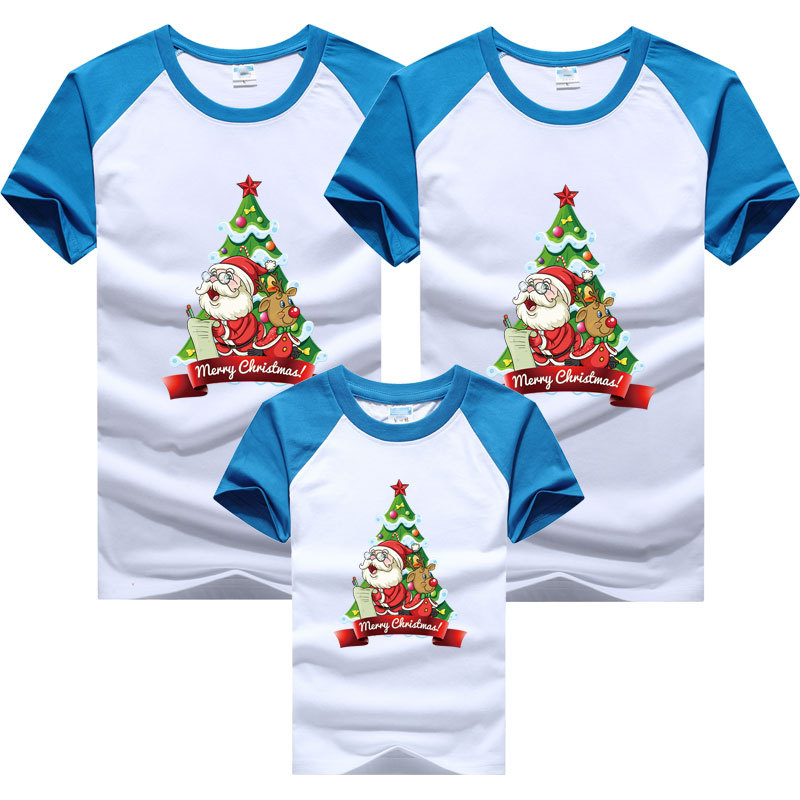 Traje para padres e hijos una manga raglán de cuatro bocas verano levante su mano Árbol de Navidad Regalo de Navidad para niños manga corta color a juego camiseta transfronteriza