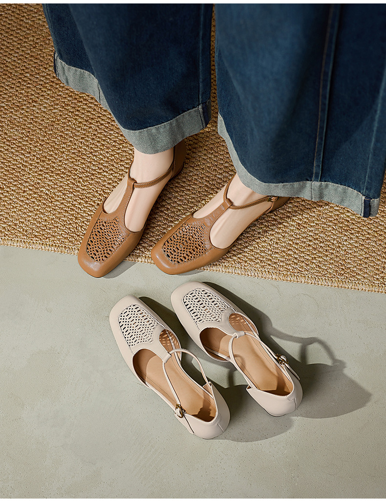 Sandal nữ da cừu thấp gót dệt vintage bít mũi quai chữ T — màu trắng ngà chi tiết 1