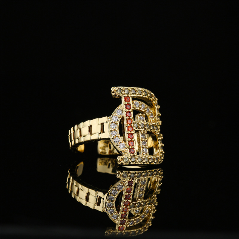 European Hip Hop Culture Street Punk Jewelry 18k Real Gold Plated Copper Micro Inlaid Geometric Open Ring display picture 3
