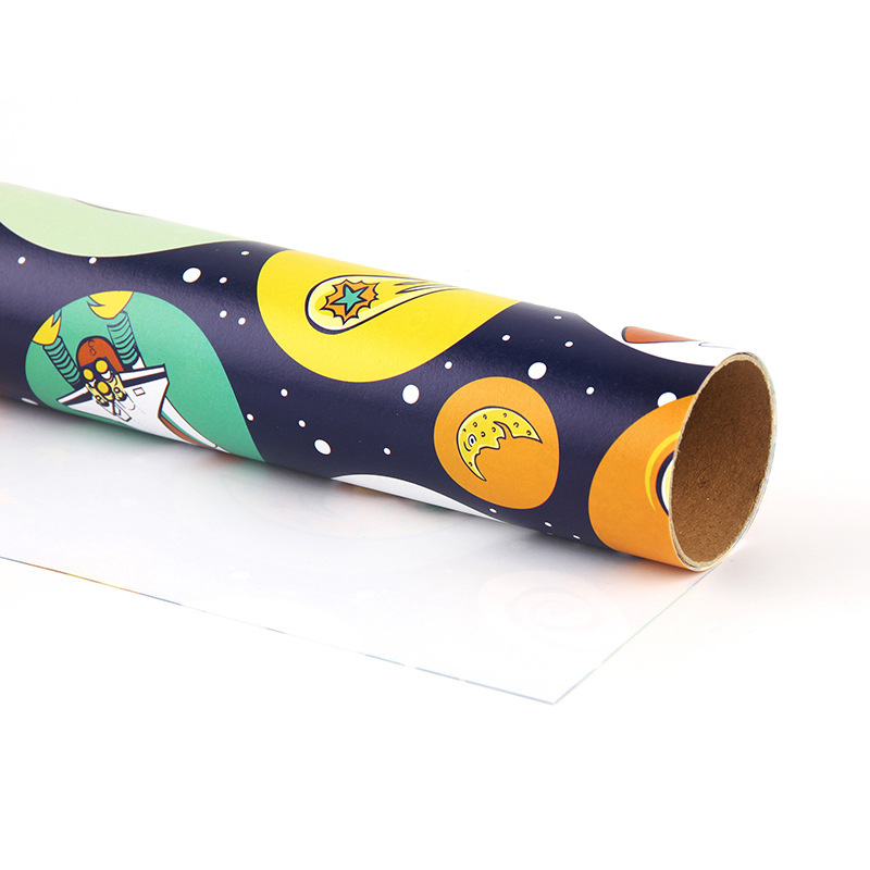 Amazon engrosada papel de embalaje de dibujos animados nave espacial astronauta lindo juguete para niños papel de regalo de cumpleaños