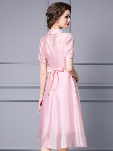 Pink dress, summer high waisted, belly covered shirt collar, A-line large hem skirt, 2024 new model