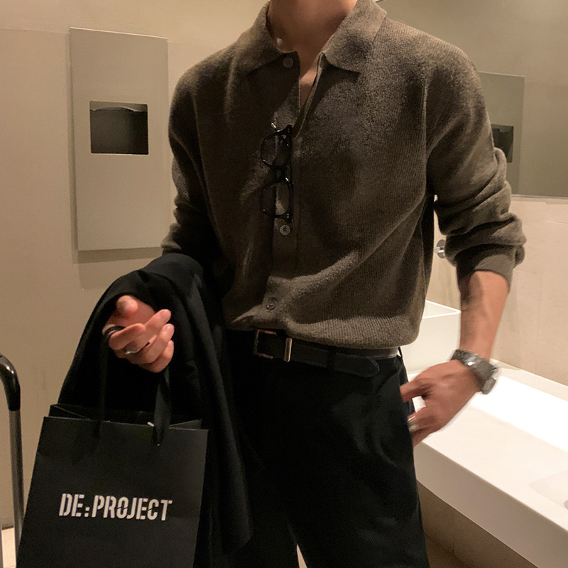 MYQ Cardigan Sweater Men's Spring and Autumn Korean Style Loose Fashionable Light Mature Style Outer Wear Long Sleeve Knitted Polo Shirt