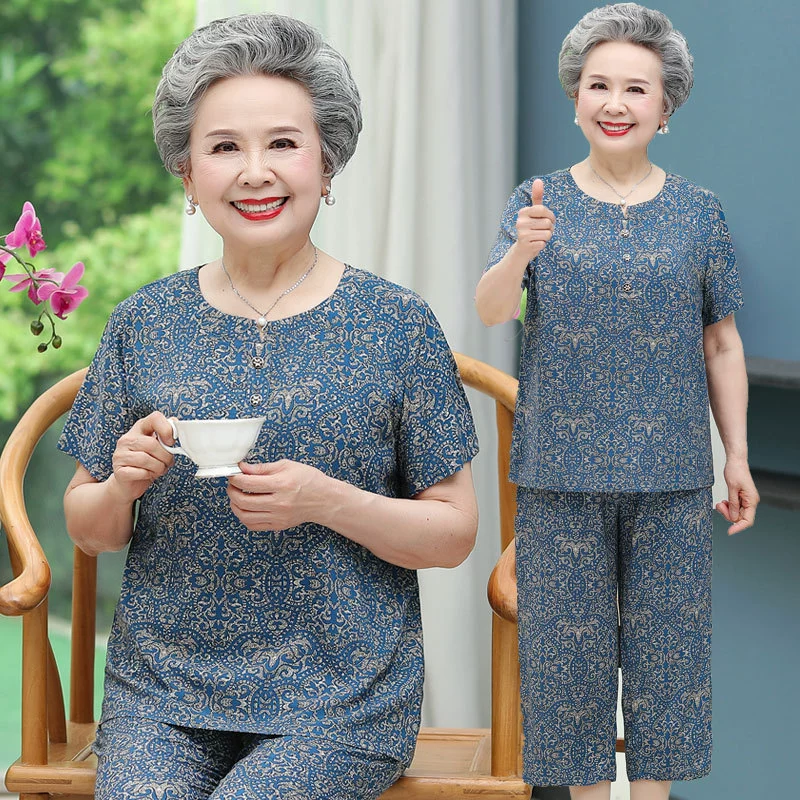 Женский хлопковый Шелковый костюм из двух частей для женщин среднего и пожилого возраста от 60 до 70 лет, рубашка с короткими рукавами для мамы, топ для бабушки, костюм для старой леди