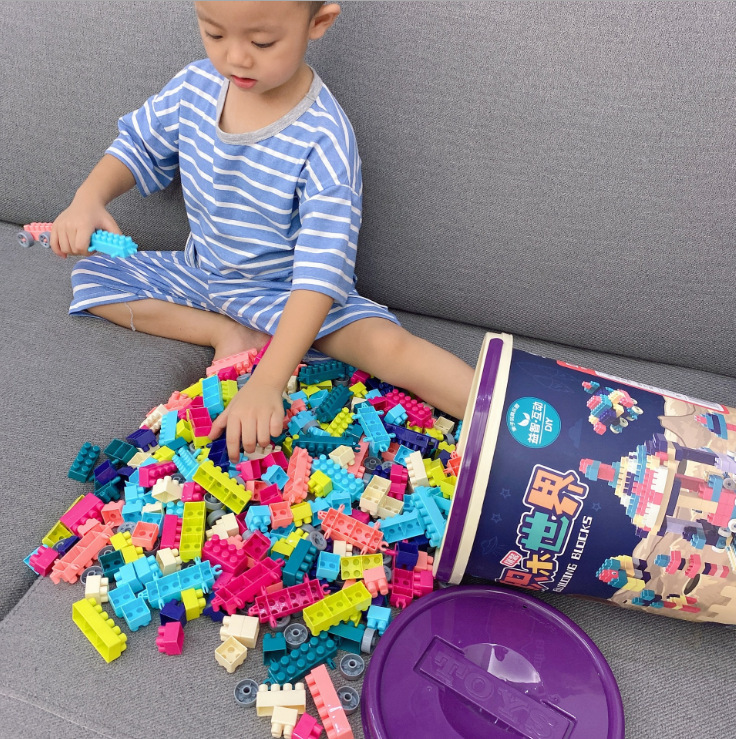 跨境 新款儿童圆桶198粒彩色塑料积木趣味拼装摩天轮早教玩具