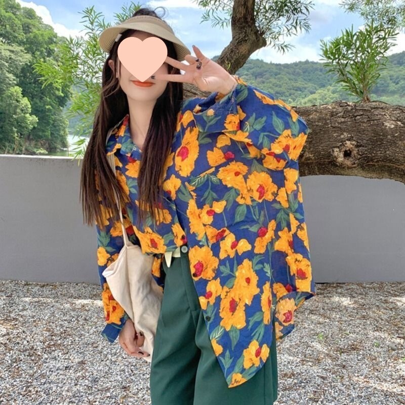 Performance floral print shirt for women, stylish design top, new niche Hong Kong style shirt, loose-fitting team-building long-sleeve shirt Performance floral print shirt for women, stylish design top, new niche Hong Kong style shirt, loose-fitting team-building long-sleeve shirt