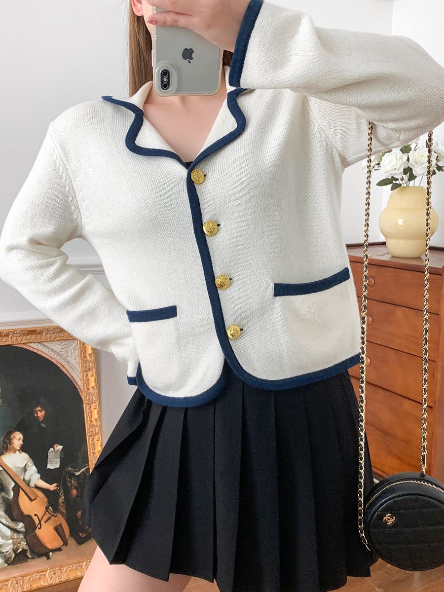 Áo màu sắc tương phản dệt kim cardigan len áo khoác retro hương thơm