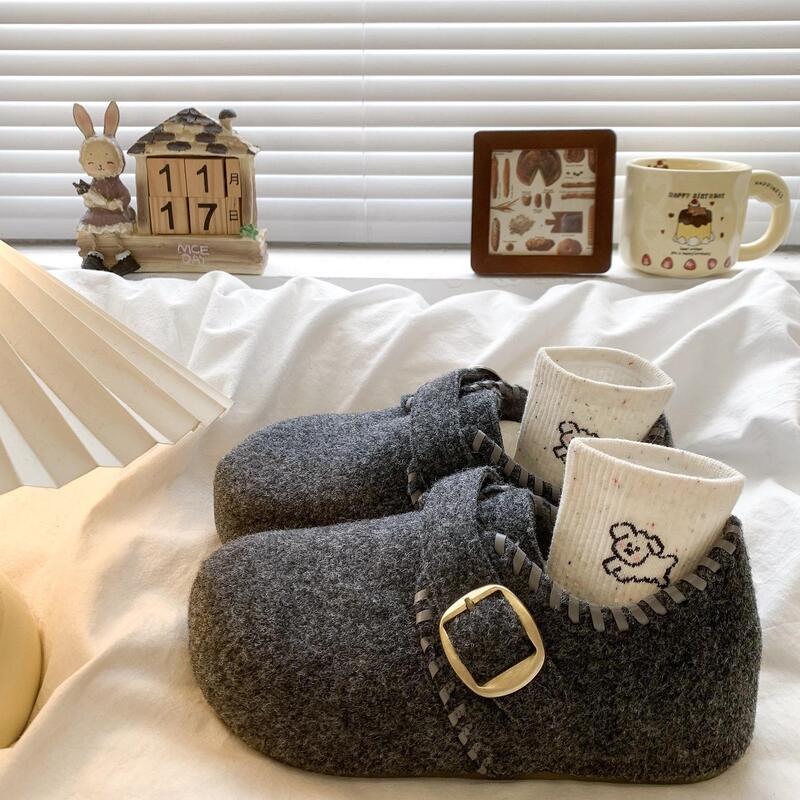 All-Inclusive Gray Felt Birkenstock Shoes for Women 2025 Autumn and Winter New Style Slip-On Slip-Ons with Increased Height and Velvet Snow Boots