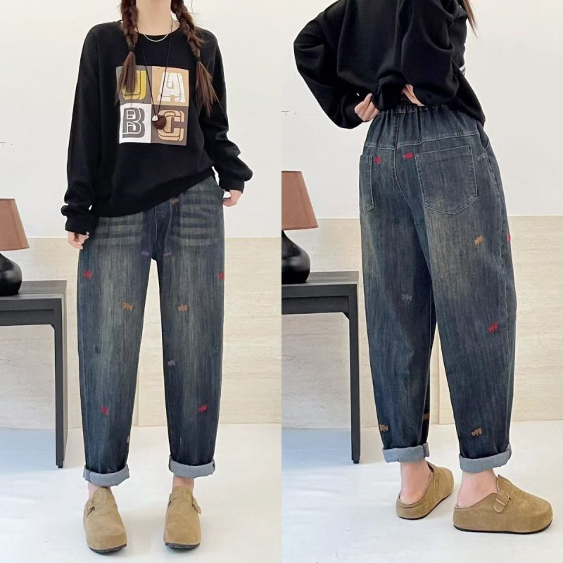 文学レトロ花刺繍ストレッチジーンズ女性の春夏の新しいルーズプラスサイズスリム多用途ハーレムパンツ|undefined