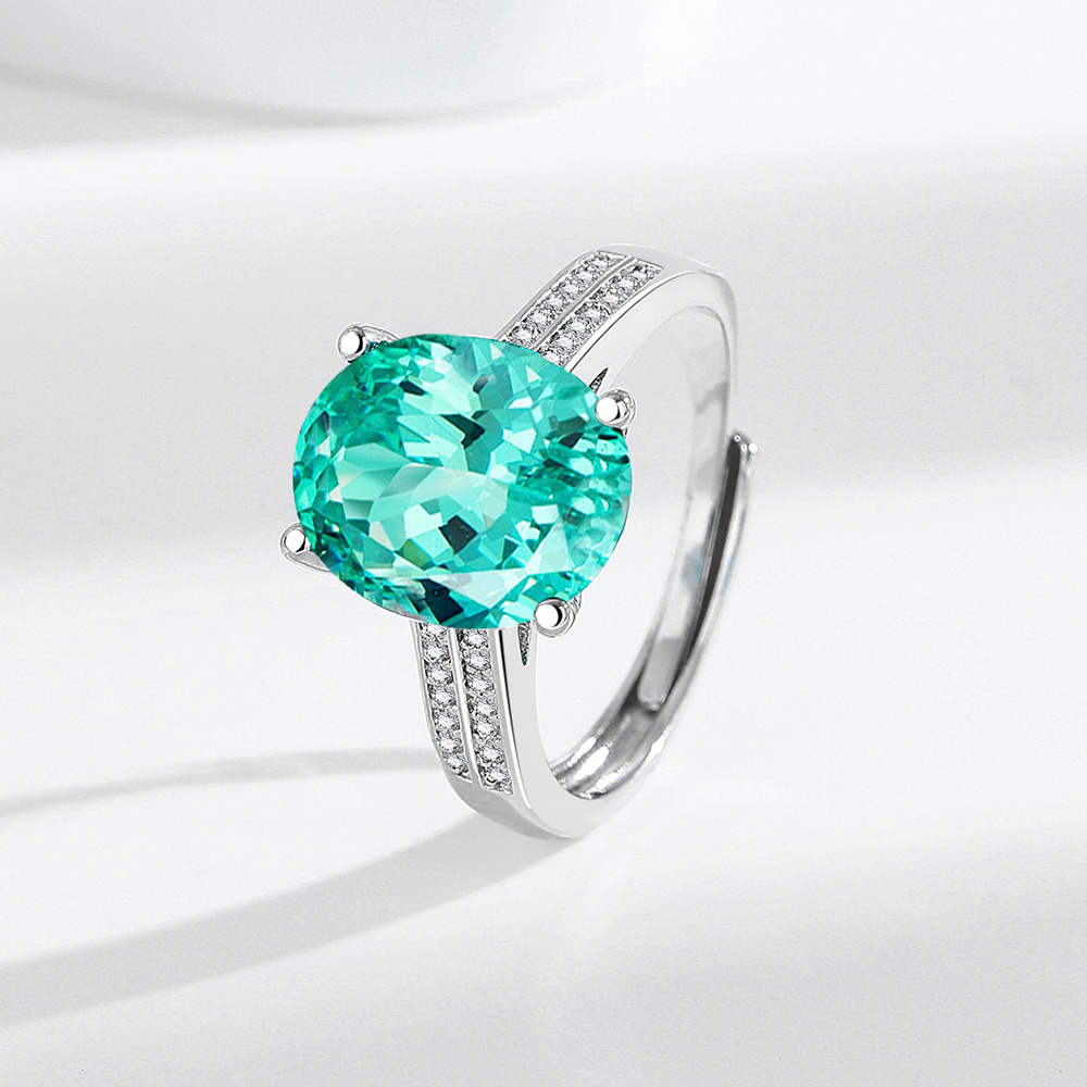 Live sale half of the country's egg-shaped imitation Paraíba engagement ring women's European and American double-row diamond zircon ring