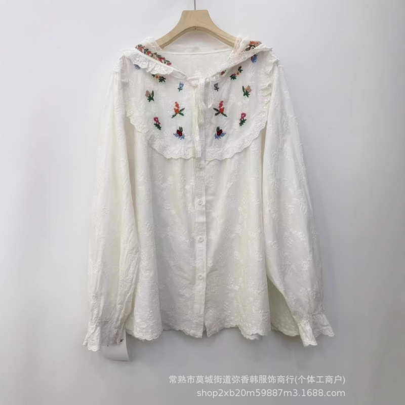 Forest Lace Splicing Embroidered Hooded Cotton Loose Long-Sleeved Shirt for Women Forest Lace Splicing Embroidered Hooded Cotton Loose Long-Sleeved Shirt for Women