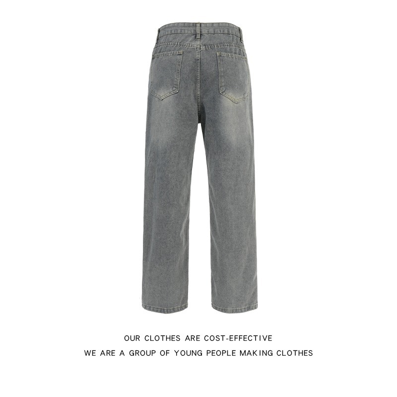 Men's Retro Patchwork Curved Blade Jeans mid Waist Loose Straight Leg Slightly Flared Pants Autumn/Winter American Style Blue_mkmklike.com