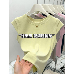 ソリッドカラーラウンドネック小さなフライングスリーブ右肩Tシャツ女性用2025新しいタイトフィットショートトップデザインノースリーブTシャツ夏