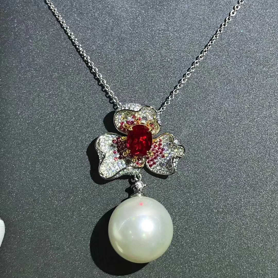 18mm Pei Zhu Macao colgante de zafiro de perla blanca S925 plateado con cinco capas gruesas de platino incrustadas con perlas