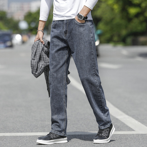 Autumn Loose Straight-leg Blue Business Men's Casual Long Pants for Autumn/Winter Elastic Pants Thick Version (Supports