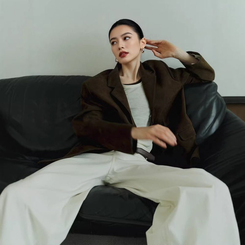 Jiarong Sheepskin Suede Oversized Melard Genuine Leather Jacket Women's Suede Coffee Color Nordic Harbor