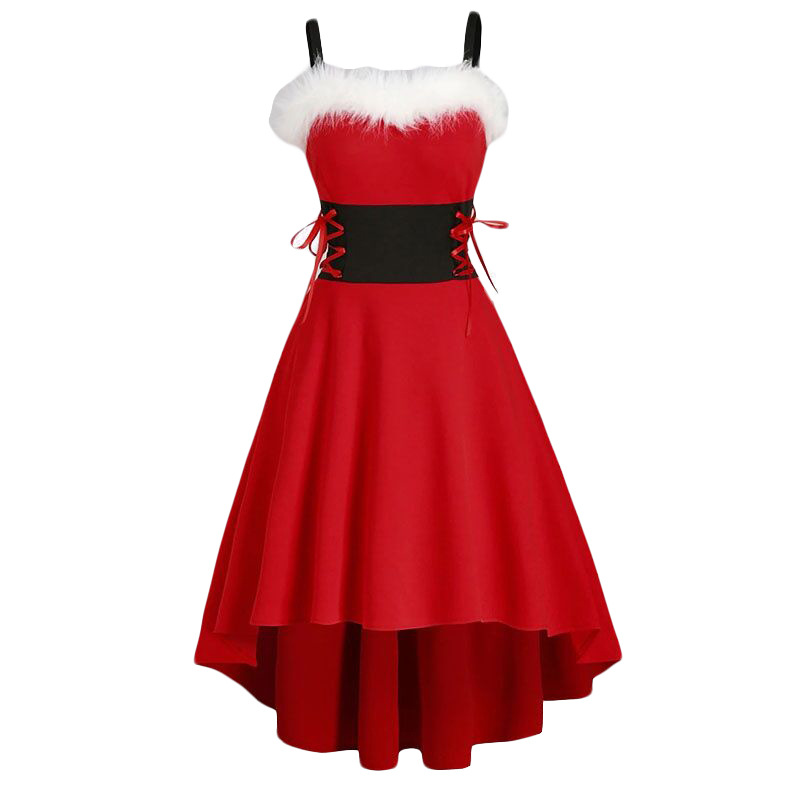 Abbigliamento da donna Natale Rosso Spalle scoperte Nero Vita Fiocco Bretelle Vestito_voghion.com