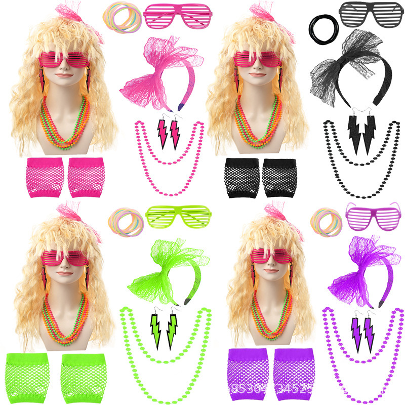 Halloween Wig 80 s Pink Vintage Neon Party COS European and American Women Blonde Long Curly Hair