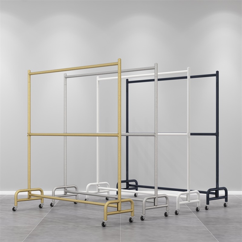 Double-layer clothing rack for men's and women's stores, floor-standing clothes rack with adjustable height, movable with wheels, shelf