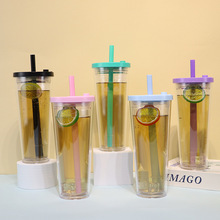 跨境大容量吸管水杯便携户外咖啡杯700ml塑料加厚奶茶杯现货批发
