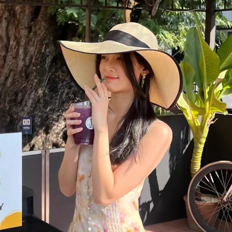 赵昭仪同款蝴蝶结绑带草帽大遮帽夏季防晒遮阳帽显脸小沙滩帽子女