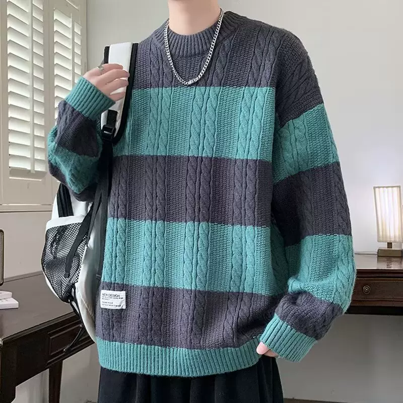 男装秋冬新款套头圆领粗针提花长袖毛衣潮男士宽松保暖休闲针织衫