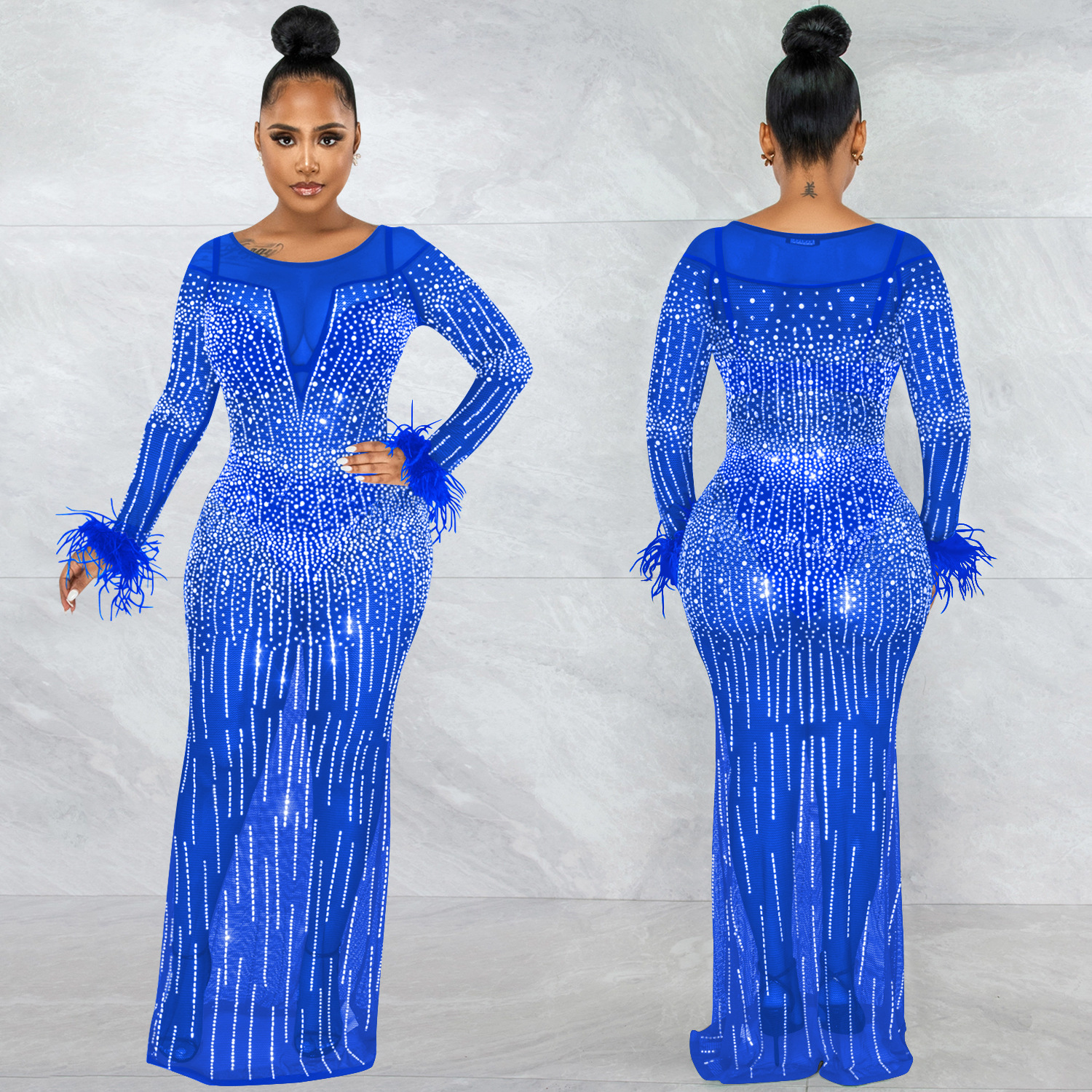 X5605 AliExpress deseo de moda discoteca fiesta perforación caliente malla ver-a través de manga larga vestido de las mujeres image 3
