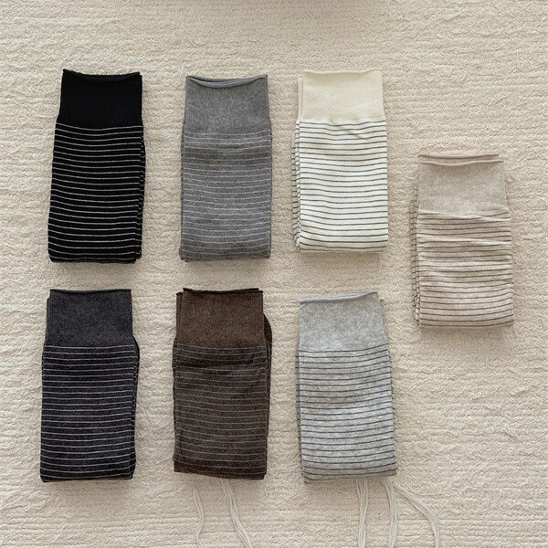 Seamless Premium Australian Cotton Autumn Korean Style Rolled Edge Striped Gray Slouch Socks Soft Versatile Mid-Calf Socks Ins Thin Stripes