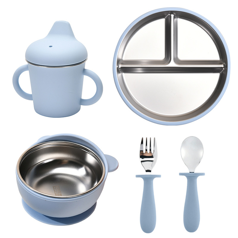 Children's Stainless Steel Tableware Silicone Suction Cup Non-Slip Heat Insulation Divided Plate Bowl Fork Spoon Set Processing and Customizing Logo