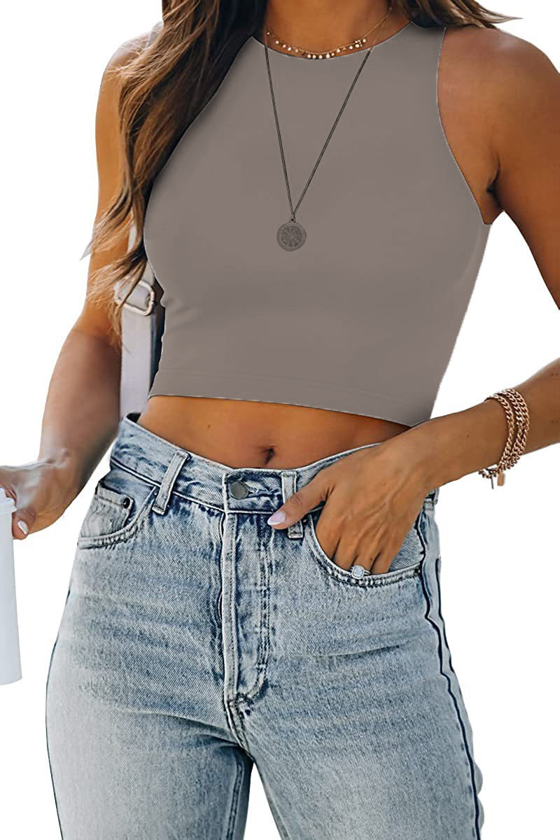 2023 verano transfronterizo Amazon color sólido nuevo deseo europeo y americano sin mangas cuello redondo chaleco en forma de I camiseta Comercio exterior ropa de mujer