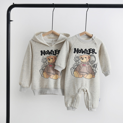 Winter and Spring Hoodie Grey Cartoon Anime Parent-Child Set 2024 New Korean Style Bear Alphabet Print Family Set Long Sleeve