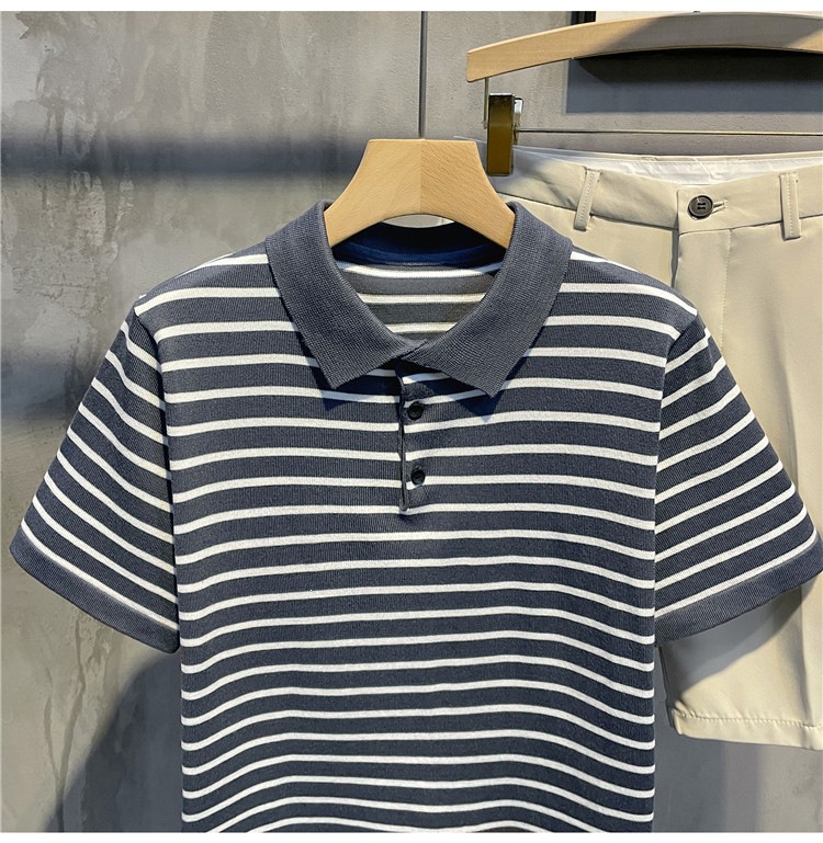 Men's Slim Fit Polo Shirt Striped Short Sleeve Ice Silk T-Shirt Business Casual Lapel Summer Top POLO Clothing_viptrois.com