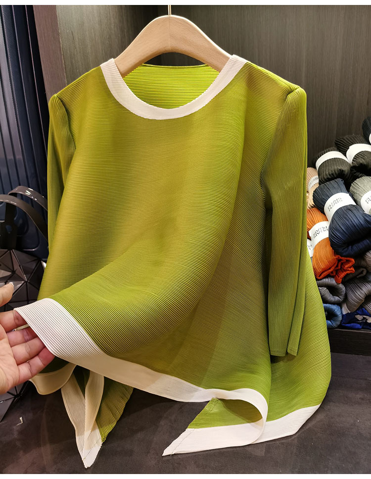 Áo thun nữ cổ tròn tay lỡ phối màu tương phản, dáng rộng xếp ly bất đối xứng — Màu xanh, Màu tím hồng, Màu đỏ hoa hồng, Màu hồng chi tiết 7