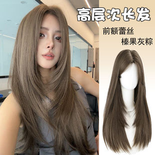 forehead lace high-level wig full head cover hazelnut gray brown medium long straight hair natural simulation princess foreign style