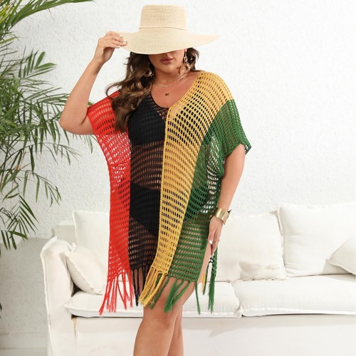 Ladies' Beach Resort Cover-Up: Plus-Size European & American-Style Women's Colorblock Patchwork Hollowed-Out Woven Top with a Sexy Dress Design