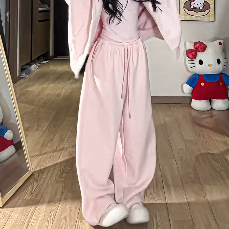 Pink Wide-Leg Pants for Women, Spring 2026 New Korean Style Thickened Sweatpants, High-Waisted Slimming Sports Pants for Petite Figures