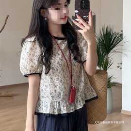 韩系撞色圆领套头复古小碎花短袖衬衣女夏新款泡泡袖百搭显瘦上衣