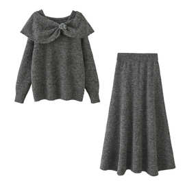 35AR-1303花朵一字领针织两件套2025秋冬新款复古套头上衣+半长裙