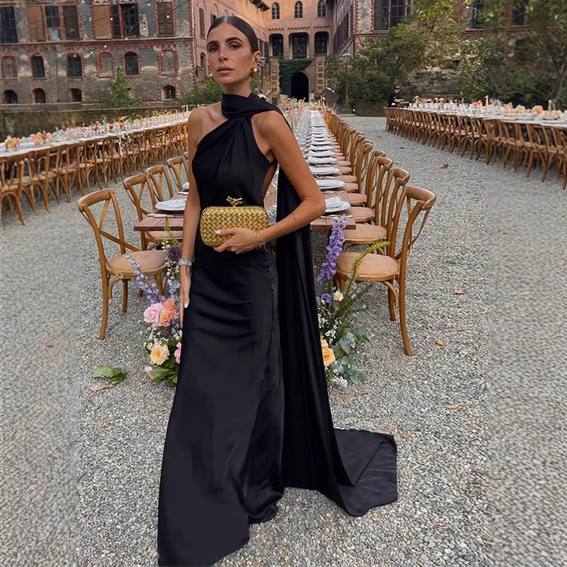 Cross-Border French-Style Satin Halter Neck Backless Dress for Women with Ribbons, Slim Fit Mermaid Long Gown with a High-End Feel for Banquets Cross-Border French-Style Satin Halter Neck Backless Dress for Women with Ribbons, Slim Fit Mermaid Long Gown with a High-End Feel for Banquets