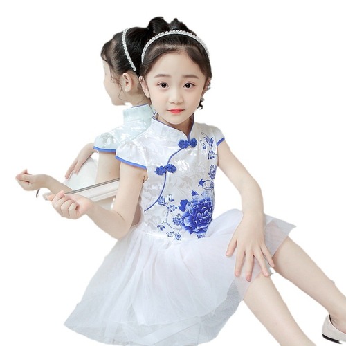 Children's and girls' medium-sized new dress, qipao dress, summer 2024 princess dress, Chinese style short-sleeved chiffon dress