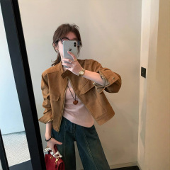 麂皮绒外套女短款小个子2025早秋新款复古咖色鹿皮绒机车皮衣夹克