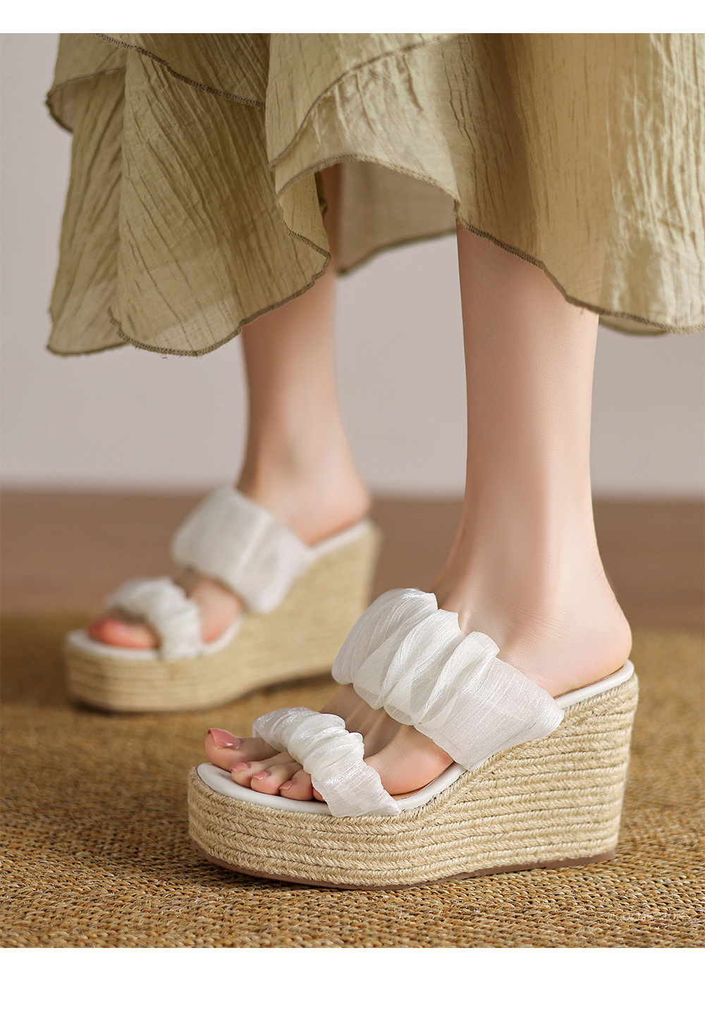 Sandal hở mũi cao gót 10cm quai ngang satin đế độn cao mới hè 2025 — Màu xanh lam nhạt, Màu hồng, Màu trắng be chi tiết 1