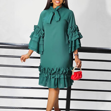 亚马逊跨境2025夏秋女新款时尚休闲款式荷叶边七分袖系带领连衣裙