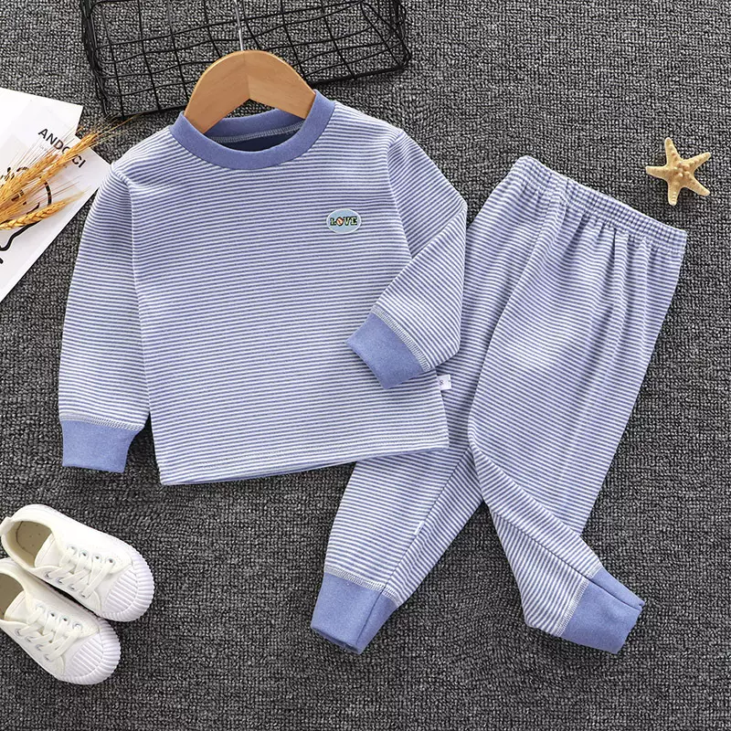 儿童德绒保暖内衣套装AB双面磨毛加厚秋衣秋裤秋冬中大童条纹睡衣