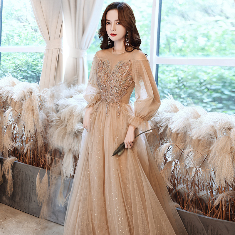 Champagne-Colored Evening Dress 2025 New Autumn Long-Sleeved Birthday Party Elegant Host Bridesmaid Dress Annual Meeting Dress