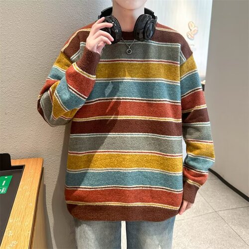 Men's Autumn/Winter Korean-Style Minimalist Trend Color-Block Striped Sweater, Men's Retro Hong Kong Style Atmospheric Casual Hooded Sweater
