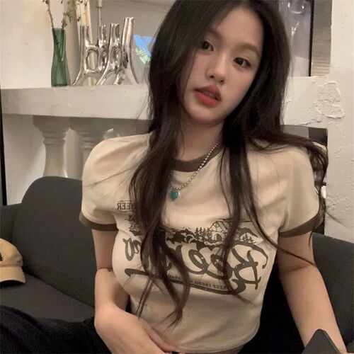 American retro short-style cool girl slim-fit off-shoulder short-sleeved women's summer trendy T-shirt