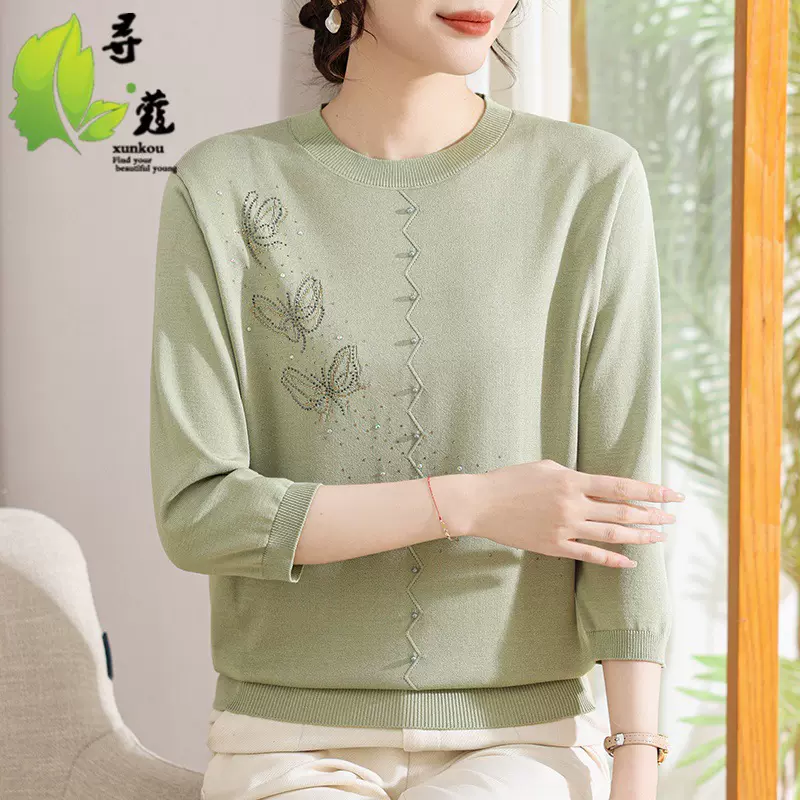 时尚妈妈春装薄款纱袖打底小衫洋气中老年女装夏季七分袖T恤