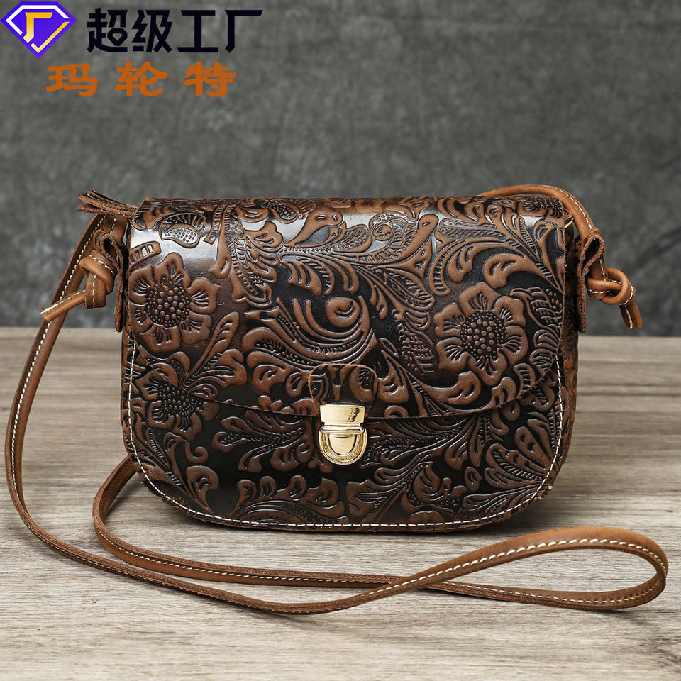 Túi đeo chéo nữ da bò thật dập hoa Marante kiểu vuông nhỏ cổ điển — 7782 dập nổi màu xanh, 7782 dập nổi màu xanh lá cây, 7782 dập nổi màu đen, 7782 dập nổi màu đỏ