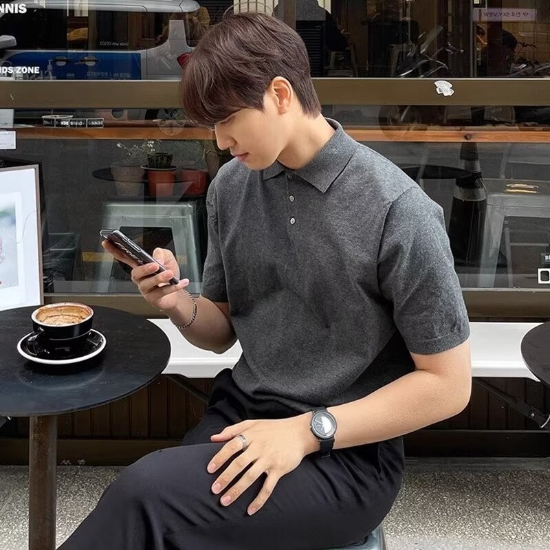 Camisa POLO casual delgada de estilo de verano de estilo maduro ligero, camiseta simple de moda retro americana, hombre de moda de manga corta