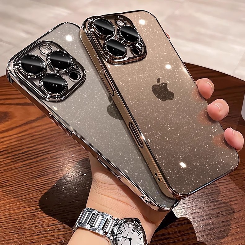 适用iPhone16ProMax手机壳带镜头膜苹果17透明套1415电镀星空闪粉